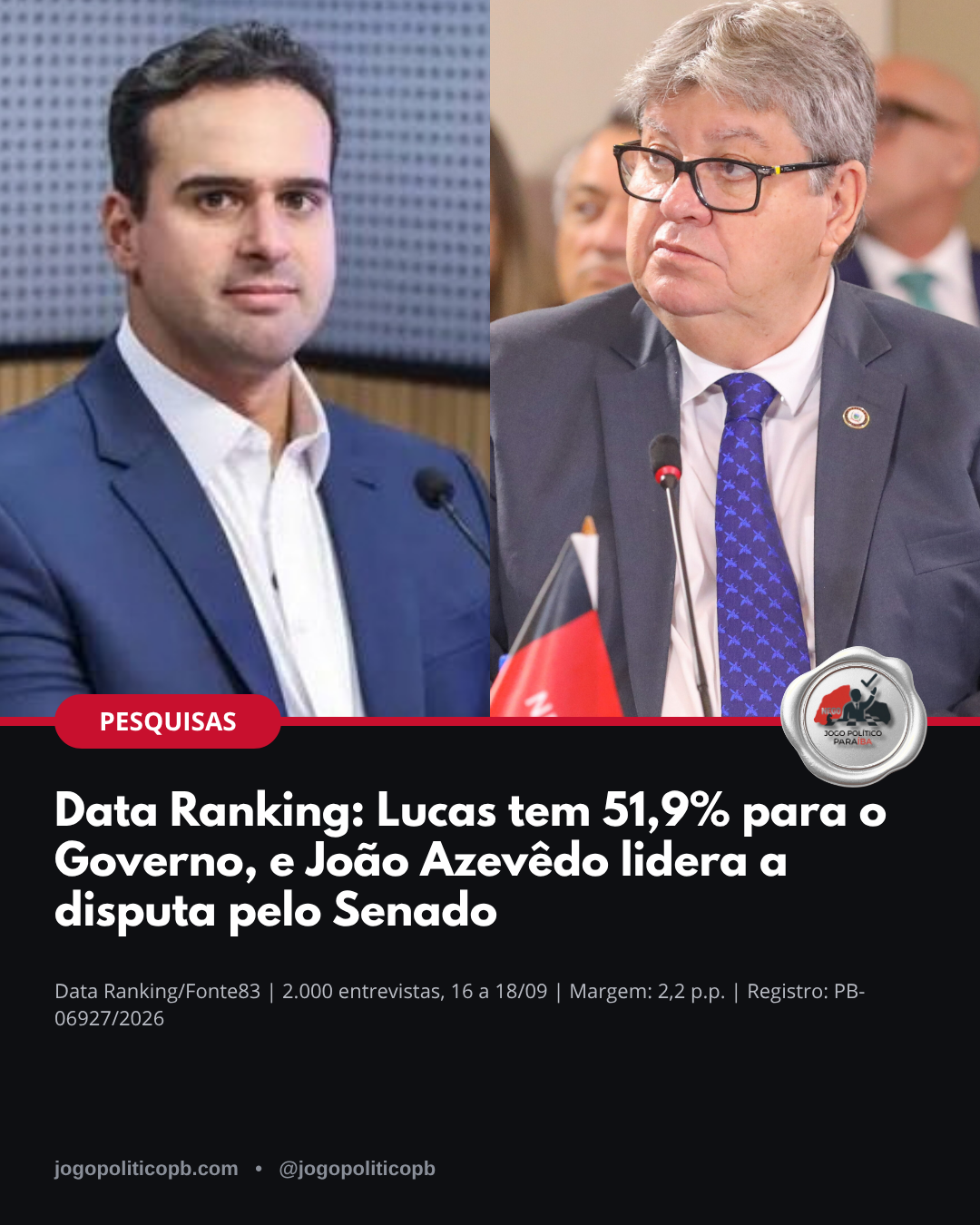 Pesquisa Data Ranking para Governo e Senado na Paraíba