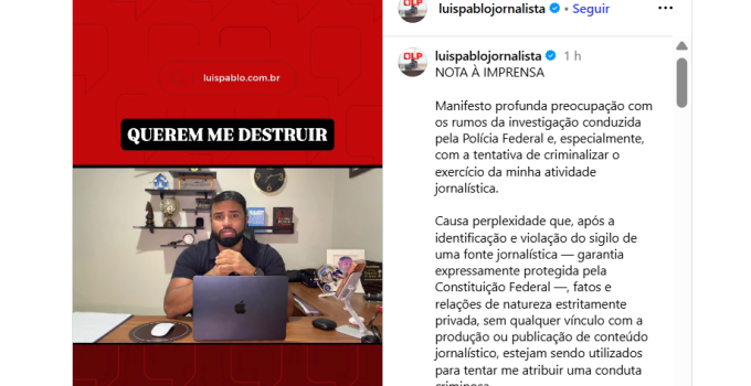 Jornalista Luís Pablo denuncia "criminalização" de sua profissão após investigação sobre Flávio Dino