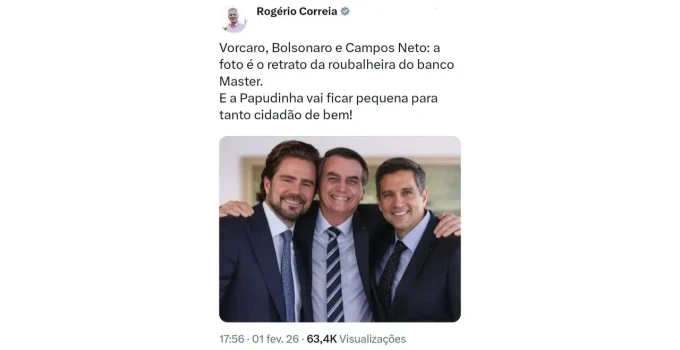 Deputado do PT Rogério Correia é criticado por montagem com Bolsonaro e dono do Banco Master